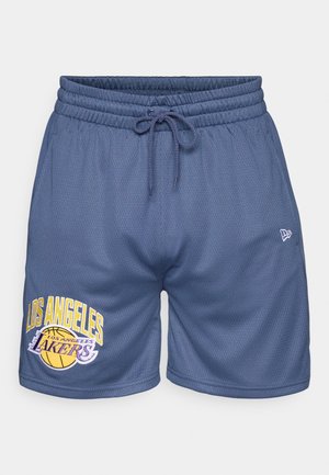 Pantalones cortos de baloncesto de malla azules con cinturilla elástica y cordón ajustable. Presenta un gráfico y logo de "LOS ANGELES LAKERS".