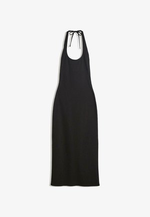 Schwarzes Halsbänderkleid aus leichtem Stoff. Hat einen runden Ausschnitt und Bindebänder im Rücken. Lange, eng anliegende Silhouette.