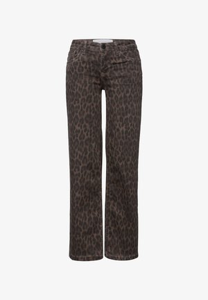 Jean imprimé léopard avec un motif marron et noir, coupe droite, poches avant et fermeture par bouton à la taille.