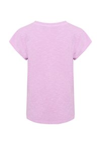 Īsām piedurkņu, apaļs kakla T-krekls gaiši purpursarkanā krāsā ar gludu tekstūru un brīvu piegriezumu. Aizmugurē redzams vienkāršs dizains un apmale.