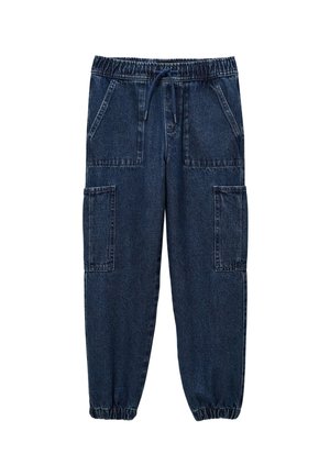 Pantalons cargo en denim bleu foncé, avec taille élastique, cordon de serrage, deux poches avant et deux poches cargo latérales. Bas de jambes à revers.
