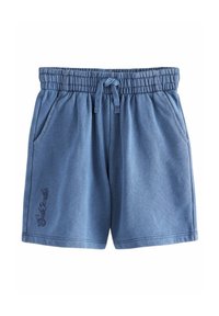 Blaue Baumwollmischung-Shorts mit einem elastischen Bund, verstellbarem Kordelzug, zwei Seitentaschen und gesticktem Logodetail am Bein.
