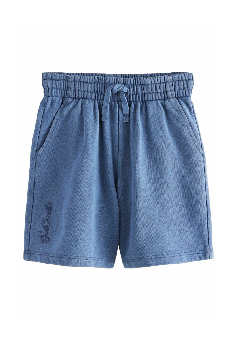 Blaue Baumwollmischung-Shorts mit einem elastischen Bund, verstellbarem Kordelzug, zwei Seitentaschen und gesticktem Logodetail am Bein.
