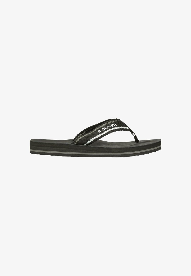 Sandale flip-flop noire avec des brides en tissu rayées gris et blanc et le logo "S. OLIVER" sur la bride latérale.