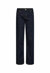 Mörkblå raka jeans i denim, med knapp och dragkedja fram, kontrasterande sömmar och fem fickor.