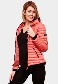 Padded, coral jacket with a hood, featuring side zip pockets and ribbed black cuffs. Smooth texture with a quilted design.