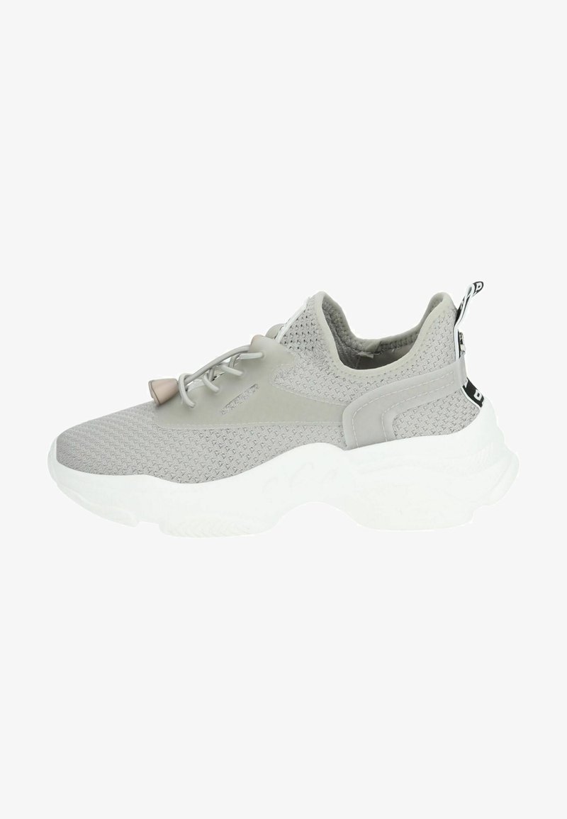 Hellgraue Sportschuhe mit Netzoberfläche, reflektierenden Akzenten, Schnürdesign und weißer texturierten Sohle für Dämpfung und Unterstützung.