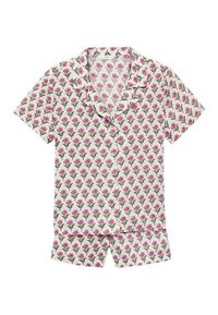Set de pijamale din bumbac cu mânecă scurtă, având un model floral roz pe un fundal alb, cu o cămașă cu nasturi și pantaloni scurți.
