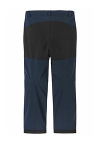 Pantalones azul marino con sección superior negra, con una textura suave, corte recto y puños reforzados. Dos cinturas traseras visibles.