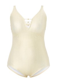 Maillot de bain une pièce beige avec un motif texturé en vagues, décolletage en V et trois bretelles décoratives avec de petits éléments en métal doré au niveau de la poitrine.