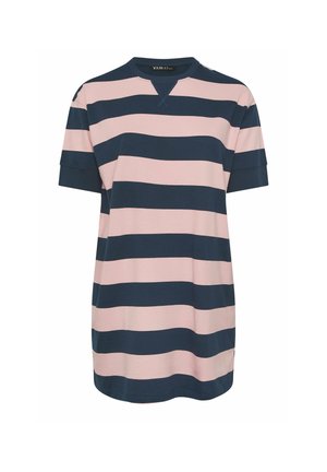 Vestido de manga corta con anchas rayas horizontales en azul marino y rosa pálido, cuello redondo y ajuste holgado.