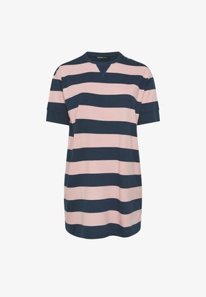 Abito a maniche corte con larghe strisce orizzontali blu navy e rosa pallido, scollo a girocollo e vestibilità comoda.