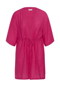 Vaaleanpunainen kevyt kimono-tyylinen peittävähän oikein pinkkiä kanssa lyhyet hihat, syvä V-kaula-aukko ja kerätystä solmuvyötäröstä. Teksturoitu kangas kevyen ilmeen luomiseksi.