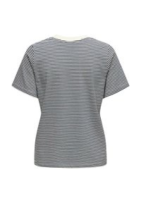Striped t-shirt with a crew neck and short sleeves, featuring navy and white horizontal stripes and a soft, smooth texture.