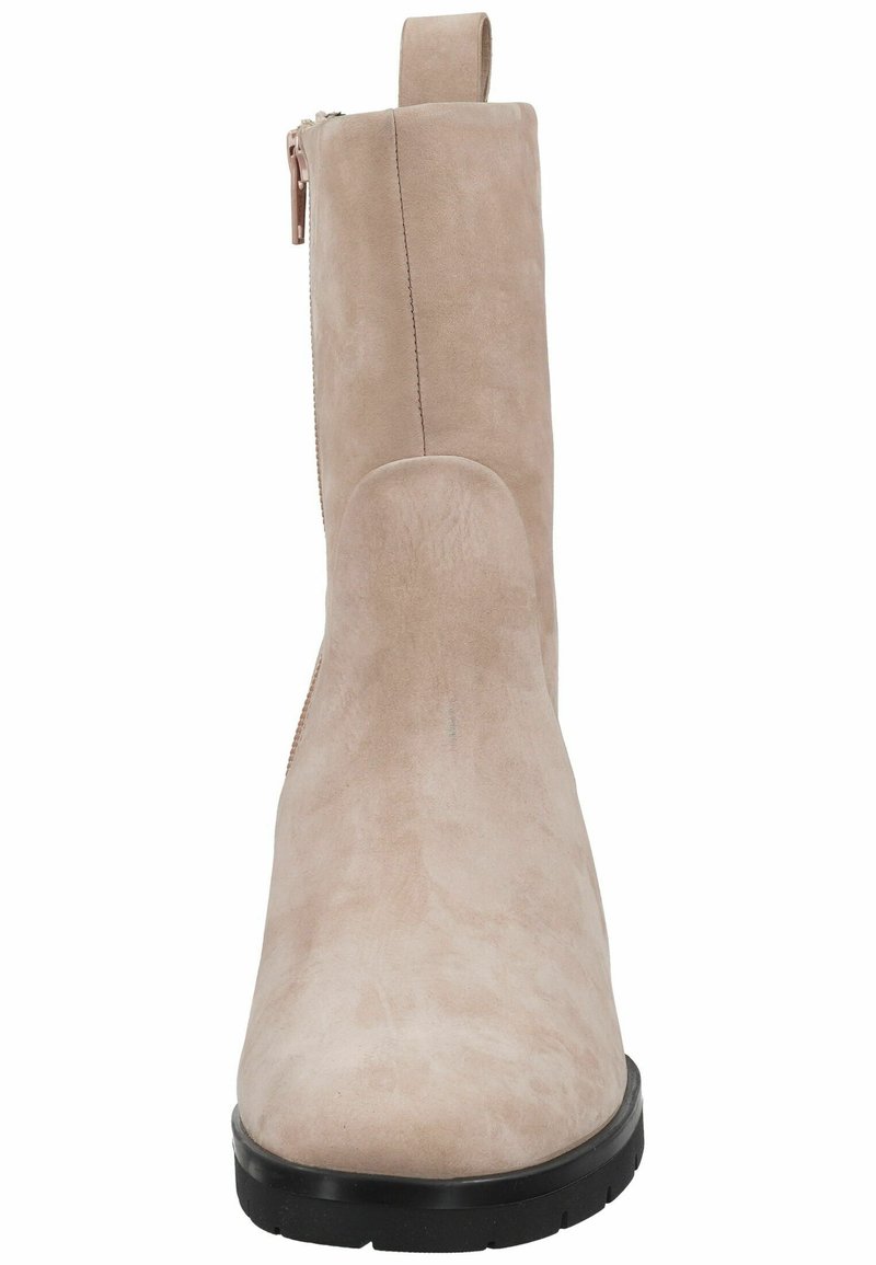 Beige Stiefel bis zum Knie mit glattem Wildleder, seitlichem Reißverschluss, abgerundeter Spitze und einer schwarzen Gummisohle. Keine Verzierungen festgestellt.