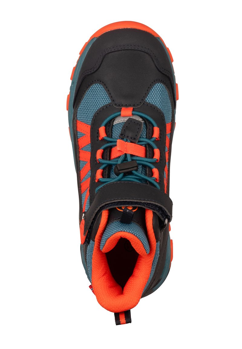 Wanderschuhe für Kinder mit einem blauen Mesh-Obermaterial, schwarzen synthetischen Akzenten, orangen Schnürsenkeln und einem gepolsterten Kragen für mehr Tragekomfort.