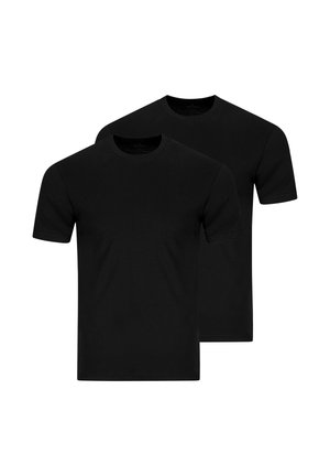 Zwei schlichte schwarze T-Shirts mit kurzen Ärmeln und Rundhalsausschnitt, eines leicht hinter dem anderen, auf weißem Hintergrund dargestellt.