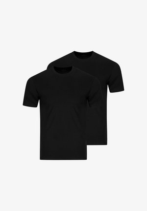 Two plain black short-sleeve crew neck t-shirts, one slightly behind the other, displayed on a white background.