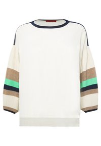 Vit tröja med långa, ribbade ärmar i ränder av beige, grön och marinblå. Rund hals med kontrasterande mörka kantdetaljer.