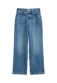 Hoge taille wijde spijkerbroek in blauw denim, met voorzakken, riemlussen en een sluiting met knoop en rits aan de voorkant.