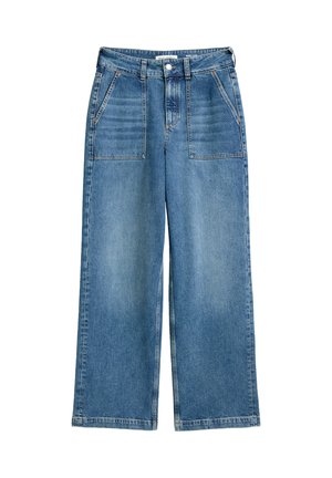 Hoge taille wijde spijkerbroek in blauw denim, met voorzakken, riemlussen en een sluiting met knoop en rits aan de voorkant.