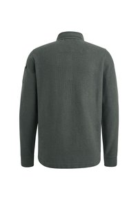 Groene, lange mouwen pullover met een kraag en zijzak. Gelaagde stof met een gladde afwerking. Eenvoudig ontwerp, geen zichtbare logo's of versieringen.