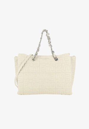 Borsa tote color crema con motivo geometrico in rilievo, dotata di manici a catena intrecciata e tracolla staccabile.