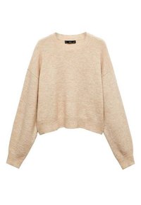 Beige, kürzer geschnittener Pullover mit rundem Ausschnitt, langen Ärmeln und einem weichen, strukturierten Strick. Keine sichtbaren Muster oder Hardwaredetails.