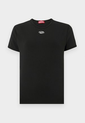 Black cotton t-shirt with a round neck, short sleeves, and a small white Diesel logo on the chest; smooth texture, classic fit.