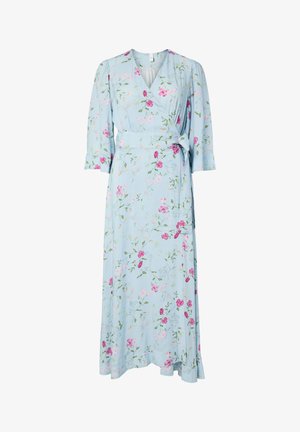Light blue wrap dress with three-quarter sleeves and pink floral print, featuring a waist tie and a V-neckline.