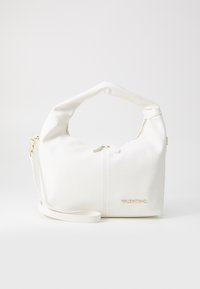 White textured leather handbag with a curved handle, zip closure, and gold hardware accents. Features a detachable shoulder strap.