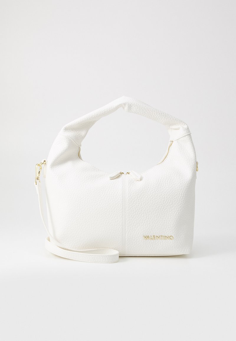 White textured leather handbag with a curved handle, zip closure, and gold hardware accents. Features a detachable shoulder strap.