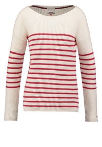 Strickpullover in Creme mit roten horizontalen Streifen. Hat einen weiten Ausschnitt und lange Ärmel mit gerippten Bündchen. Weicher, strukturierter Stoff.