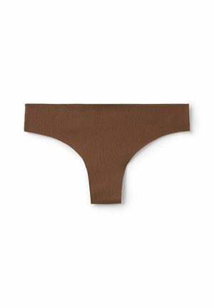 Perizoma marrone realizzato in tessuto morbido ed elasticizzato. Caratterizzato da un design minimale con una parte frontale senza cuciture e lati stretti per una vestibilità a vita bassa.