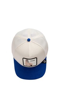 Blaue und weiße Kappe mit einem einfarbigen blauen Schirm, Netzrücken und gesticktem Hundedesign mit dem Wort "CHAMP" auf einem Patch.