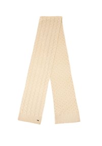 Écharpe en tricot crème avec un motif torsadé texturé, des extrémités côtelées et une petite étiquette de marque. Dimensions approximatives : 180 cm sur 20 cm.