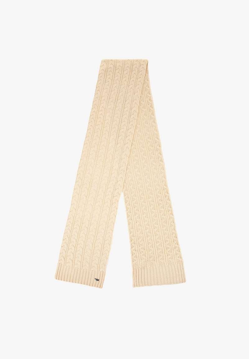 Écharpe en tricot crème avec un motif torsadé texturé, des extrémités côtelées et une petite étiquette de marque. Dimensions approximatives : 180 cm sur 20 cm.