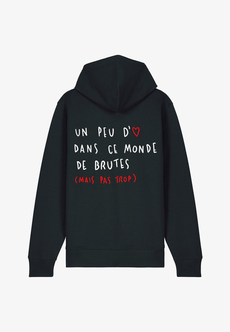 Dunkelgrüner Kapuzenpullover aus strukturiertem Stoff. Verfügt über eine Kordelkapuze. Auf der Rückseite befindet sich gedruckter weißer und roter Text mit einem Herzakzent.