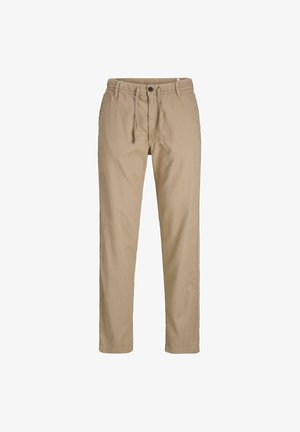 Beige Baumwollhosen mit Gummizug, Knopfdetails und geradem Schnitt. Sie haben eine minimale Nahtführung und keine sichtbaren Muster.