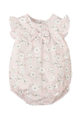 Pelele para bebé con estampado floral en rosa suave, con mangas con volantes, detalle de lazo en el frente y cierres de presión en la parte inferior para facilitar el vestido.