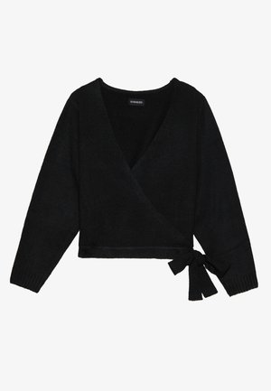 Black wrap sweater made of soft material. Features a deep V-neck, long sleeves, and a side tie detail for adjustable fit.
