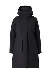 Zwart waterafstotende parka met een capuchon, een voorflap en twee grote opgestikte zakken. Voorzien van trekkoordverstellingen en een gladde textuur.