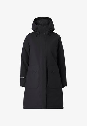 Parka negra resistente al agua con capucha, tapeta delantera y dos grandes bolsillos de parche. Presenta ajustes con cordón y una textura suave.