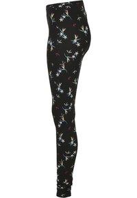 Leggings noirs avec un imprimé floral comportant des fleurs et des feuilles colorées. Fabriqués en tissu doux avec un design ajusté et longueur cheville.
