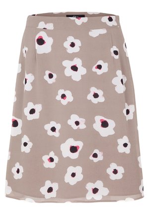 Una falda beige hasta la rodilla con un diseño fluido, que presenta un patrón floral blanco con centros negros y toques rosas. Tela ligera.