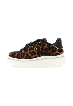Niskie trampki w leopardzi wzór, z czarnymi sznurowadłami, złotymi oczkami i grubą białą podeszwą, widoczne od zewnętrznej strony na białym tle.