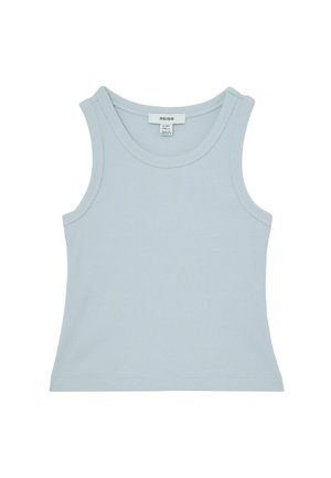 Hellblaues, geripptes Tanktop mit rundem Ausschnitt und breiten Trägern. Es zeichnet sich durch eine taillierte Passform und eine dezente Textur aus. Markenetikett sichtbar.