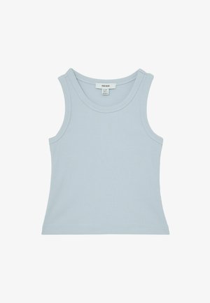 Lichtblauw geribd tanktop met een ronde halslijn en brede bandjes. Heeft een aansluitend ontwerp en subtiele textuur. Merklabel zichtbaar.