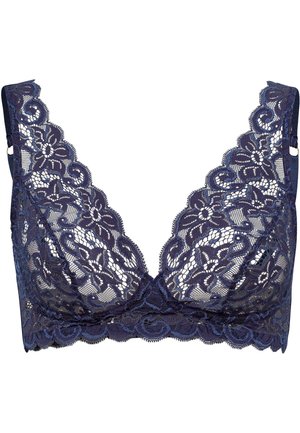 Bralette in pizzo navy con motivi floreali, bordi scallop e scollatura profonda. Tessuto morbido e trasparente con spalline regolabili.