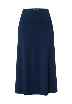 Falda de color azul marino, de largo hasta la rodilla, hecha de una tela suave; presenta una cinturilla ajustada y una silueta acampanada. Sin estampados ni elementos metálicos.